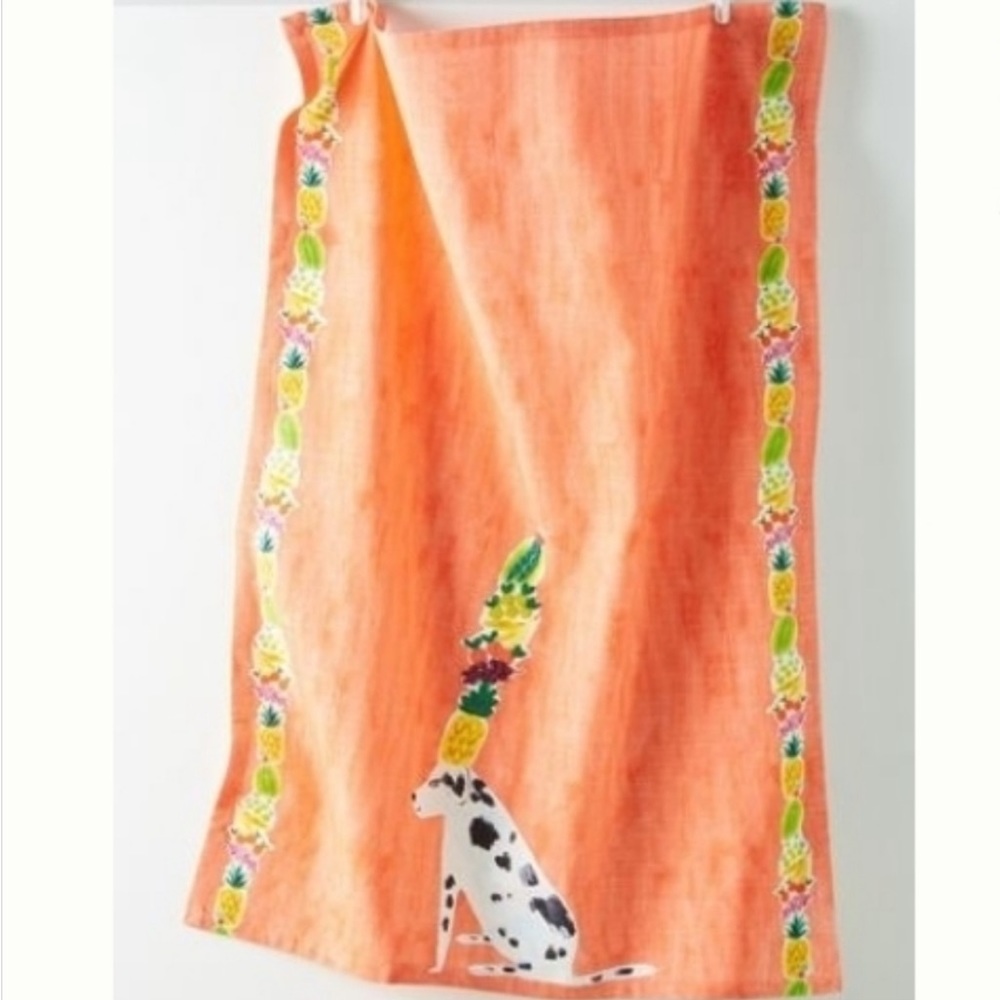 NEW Anthropologie Bailey Dog Fruit Kitchen Towel Embroidered - Coral - Picture 1 of 5